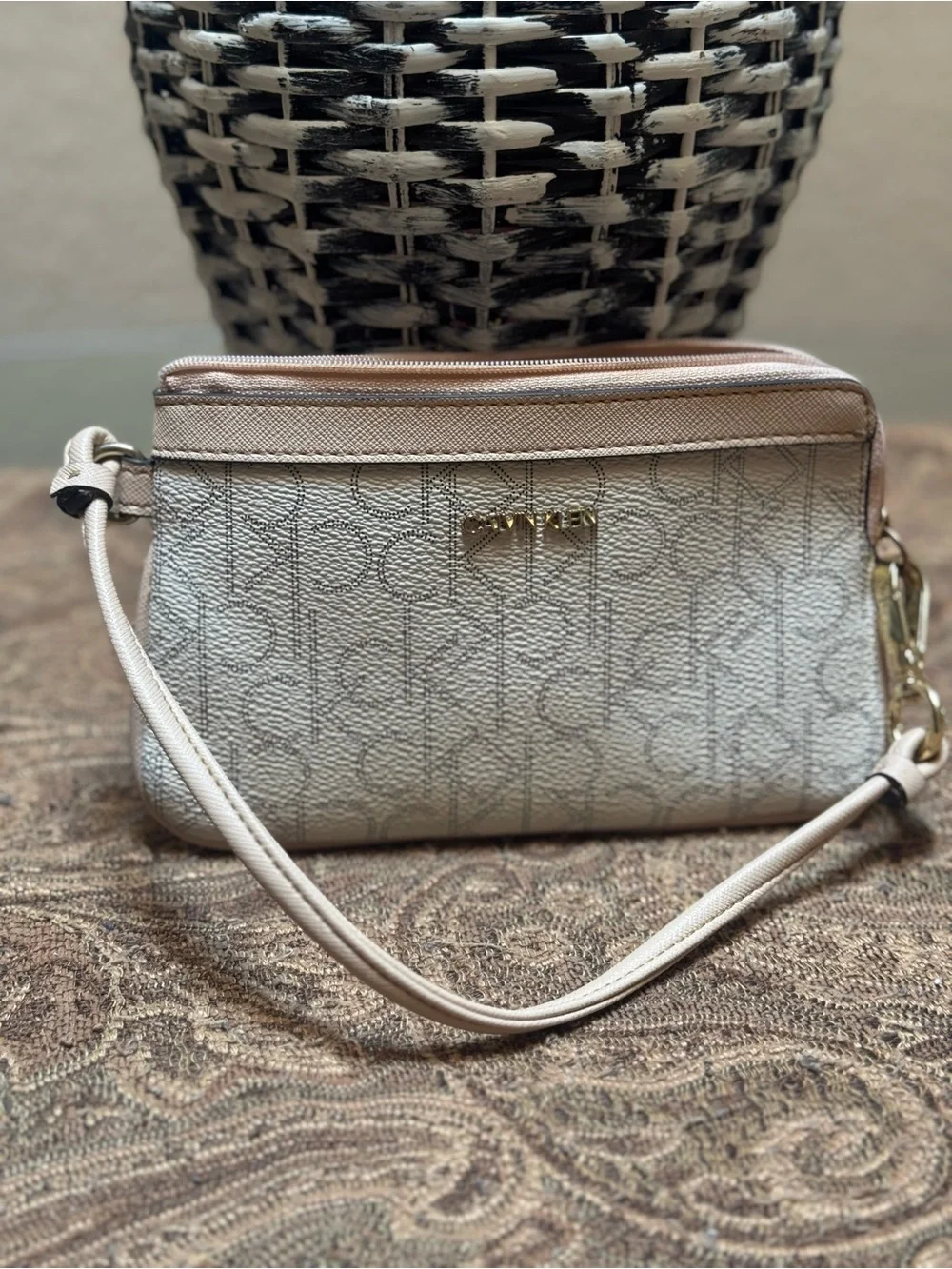 Neutral Logo Wristlet Pouch with Gold Hardware